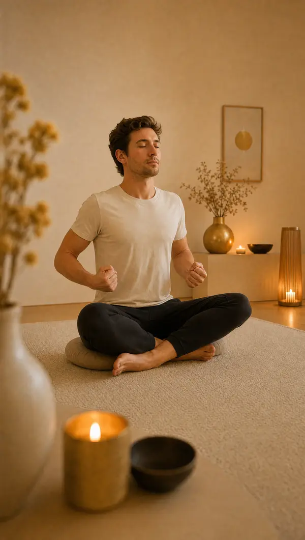 Mann sitzt in ruhiger Haltung mit bewusst geballten Fäusten, Moment der Anspannungsübung während eines Kurses zur Progressiven Muskelrelaxation